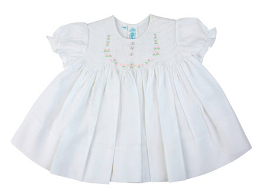 White Smocked Baby Dress with Embroidered Rosettes – Connie's Kids Children's Clothing