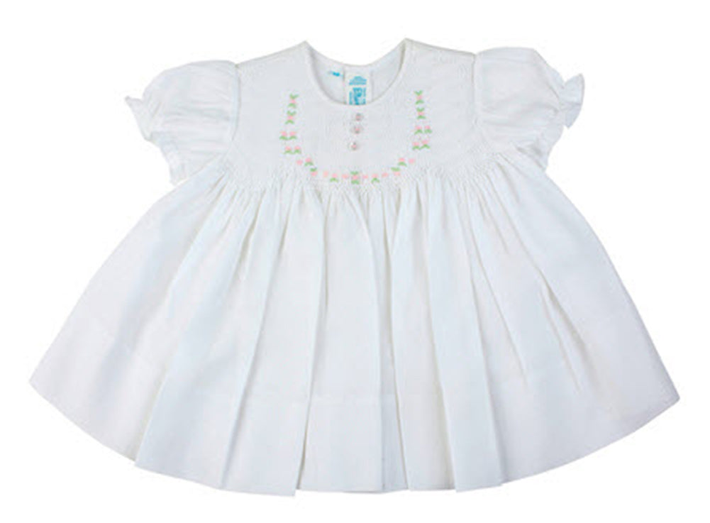 White Smocked Baby Dress with Embroidered Rosettes