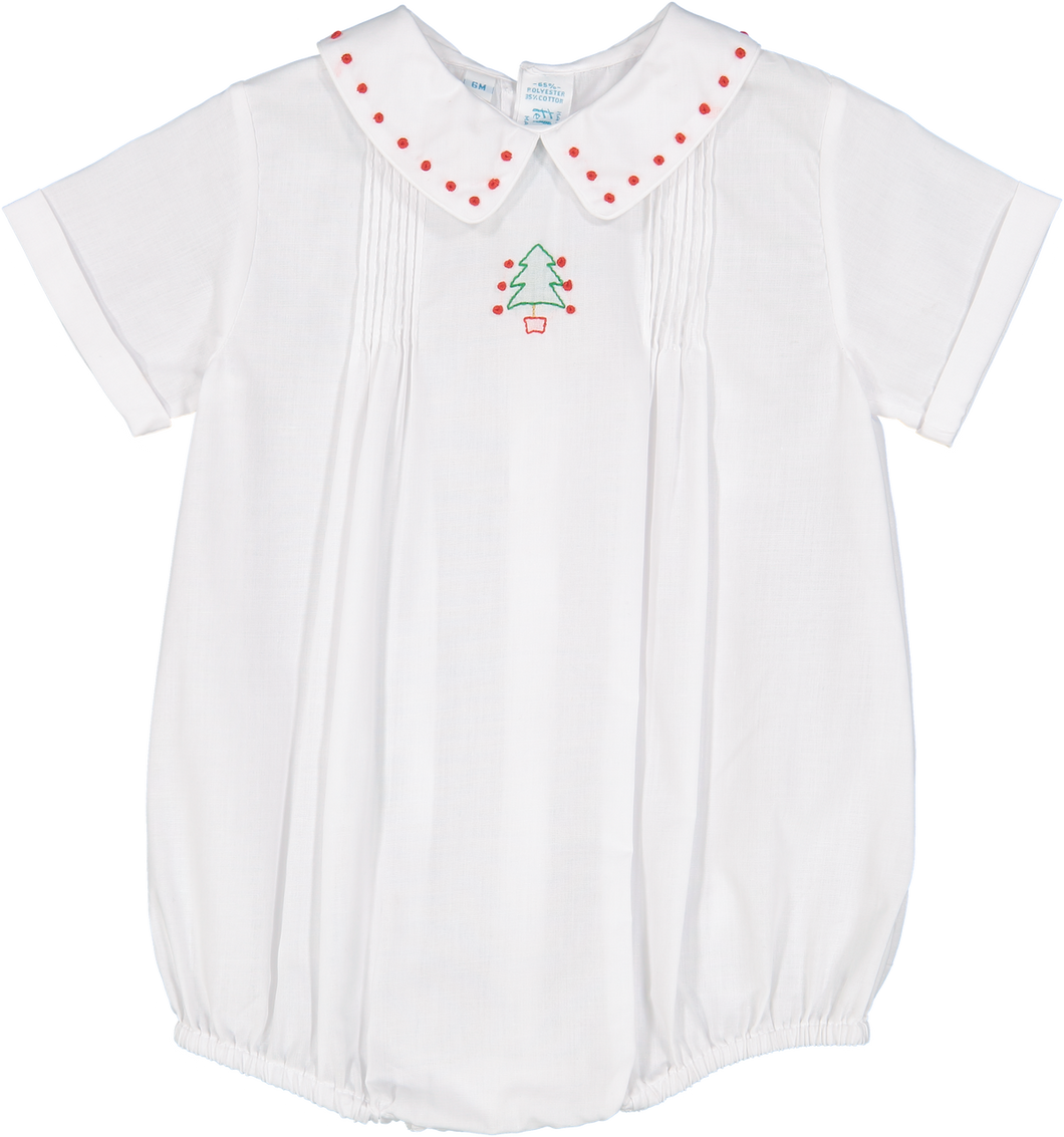 Christmas Tree Shadow Embroidered Boys White Romper