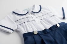 Load image into Gallery viewer, Navy &amp; White Two Piece Smocked Short Set
