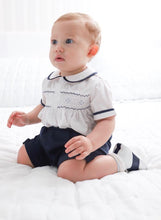 Load image into Gallery viewer, Navy &amp; White Two Piece Smocked Short Set
