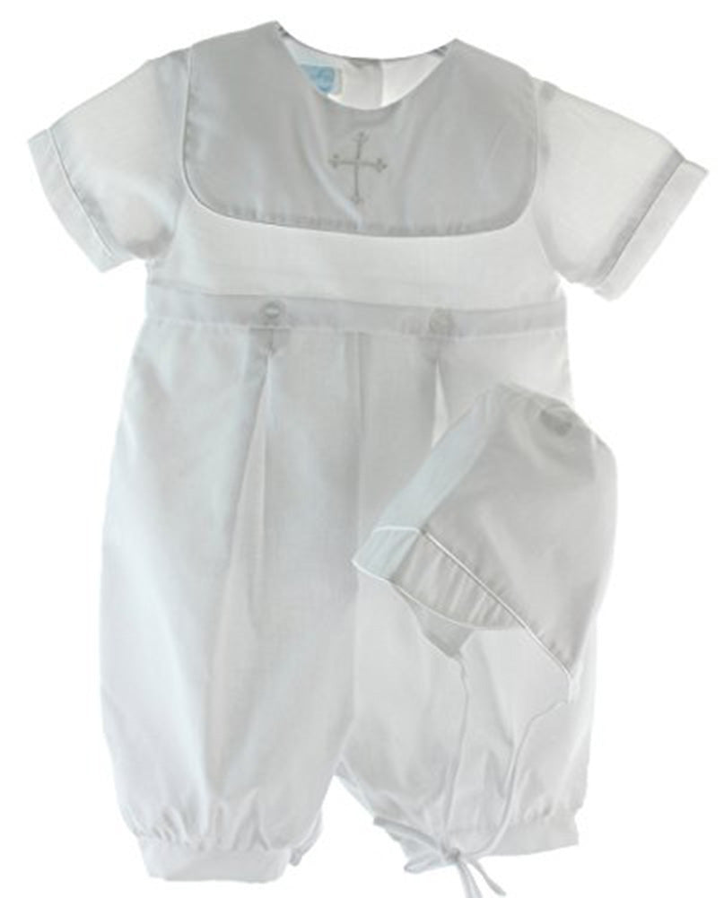 Boys White Embroidered Cross Romper with Hat