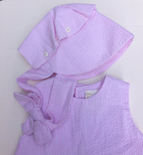 Load image into Gallery viewer, Pink &amp; White Striped Seersucker Popover Set with Bonnet
