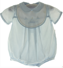 Load image into Gallery viewer, Blue Sailboat Shadow Embroidered Romper with Bib

