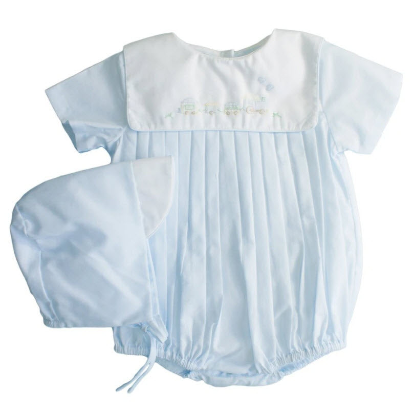 Shadow Embroidered Blue Train Romper & Hat