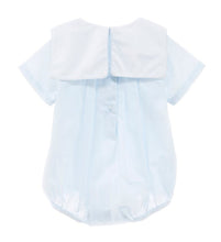 Load image into Gallery viewer, Shadow Embroidered Blue Train Romper &amp; Hat
