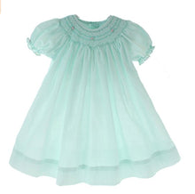 Load image into Gallery viewer, Mint Green Smocked Day Dress with Pink Rosettes &amp; Pearls
