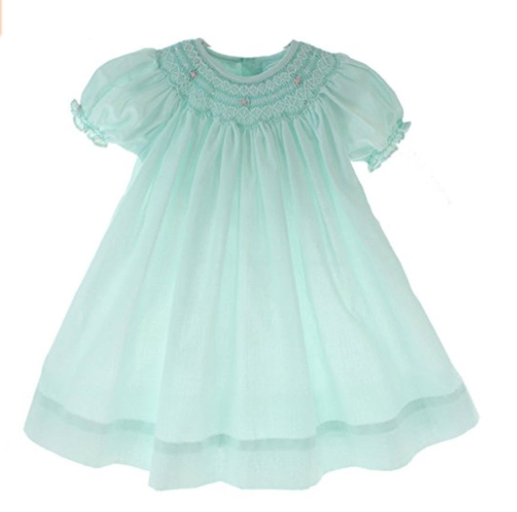 Mint Green Smocked Day Dress with Pink Rosettes & Pearls