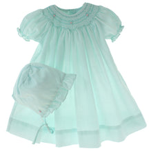 Load image into Gallery viewer, Mint Green Smocked Day Dress with Pink Rosettes &amp; Pearls
