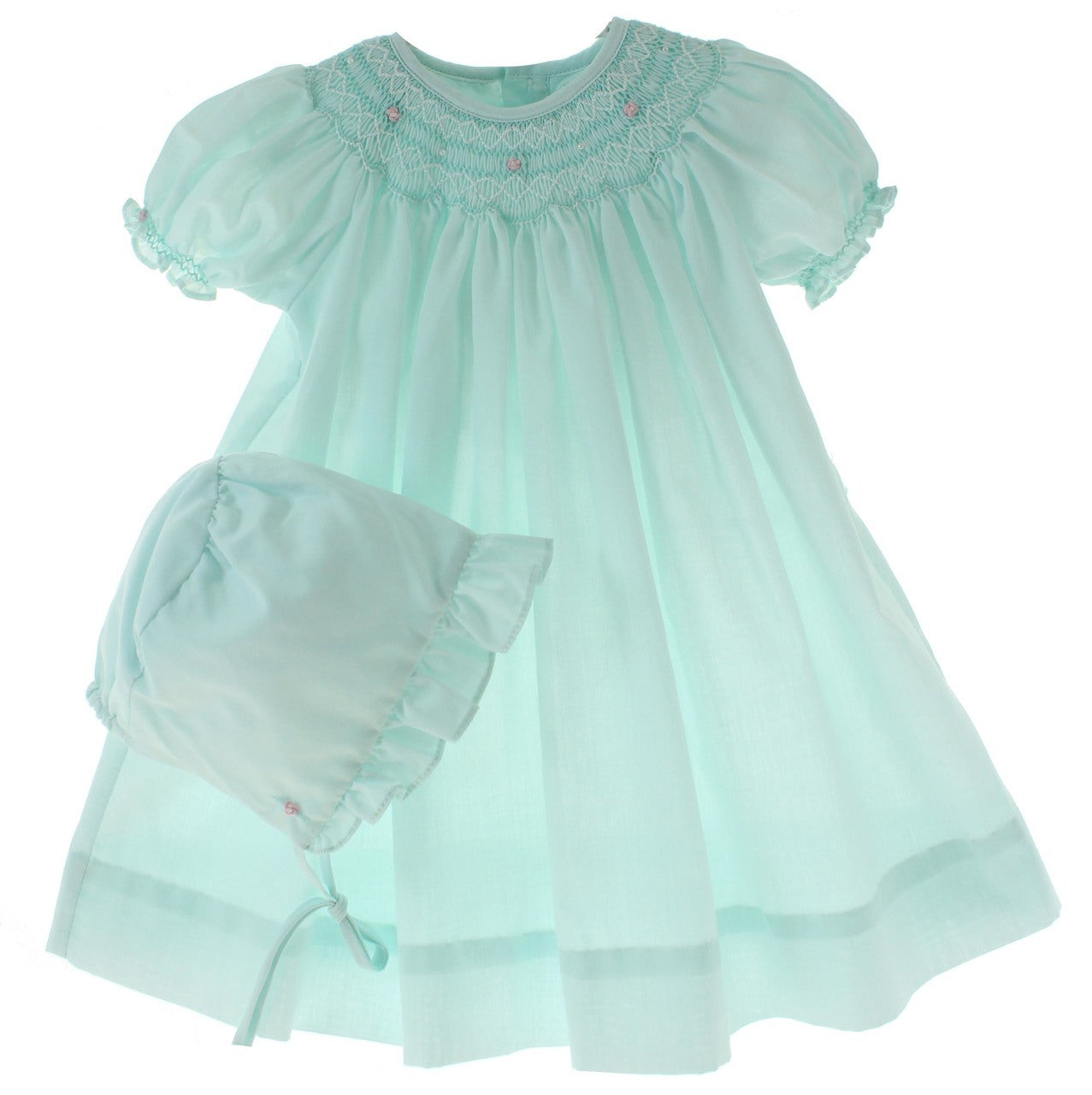 Mint Green Smocked Day Dress with Pink Rosettes & Pearls Mint Green Smocked Day Dress with Pink Rosettes & Pearls