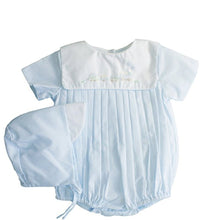 Load image into Gallery viewer, Shadow Embroidered Blue Train Romper &amp; Hat

